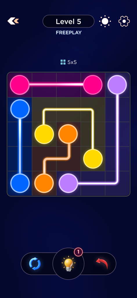 Connect Dots : Link Puzzle - Connect Dots Link Puzzleのゲームプレイ。グリッド上のドットがカラフルな線で繋がれている様子
