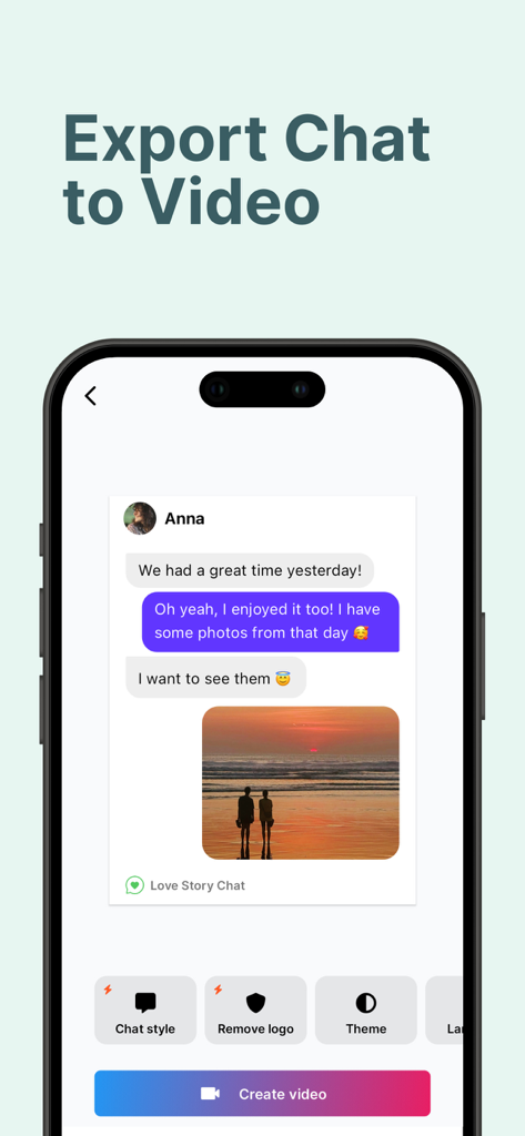 Mobile Oberfläche der Love Story Chat App, die die Funktion zum Exportieren von Chats in Videos mit einem romantischen Gespräch und einem Strandsonnenuntergangsfoto zeigt.