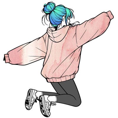 realistic girl jumping with a bun and oversized sweatshirt
