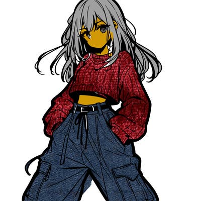 anime teen girl with baggy pants and crop top with sweater