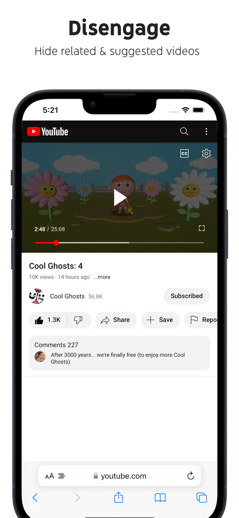 iPhone screenshot showing a YouTube video with related and suggested videos hidden using the Control Panel for YouTube Safari extension