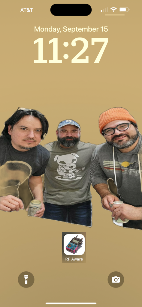 RF Aware - iPhone lock screen with the RF Aware app icon and a custom developer team wallpaper