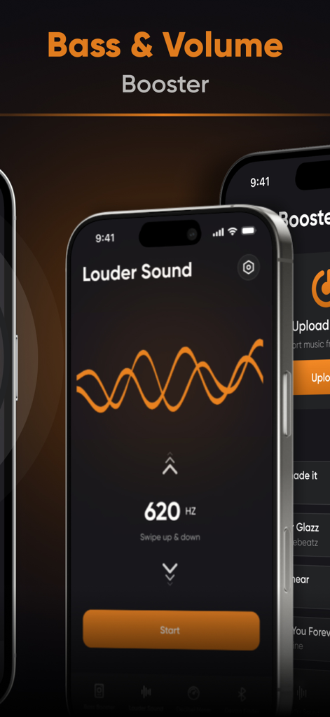 iPhone interface showing the louder sound and frequency adjustment features of the Bass Booster app.