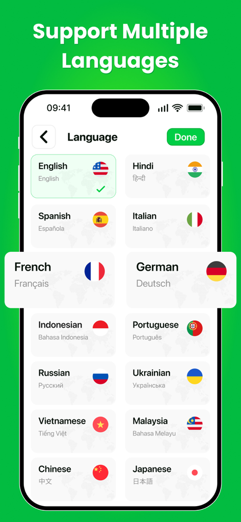 Screenshot of the Dual Accounts and Parallel Space app showing its multi-language support settings with various international flags.