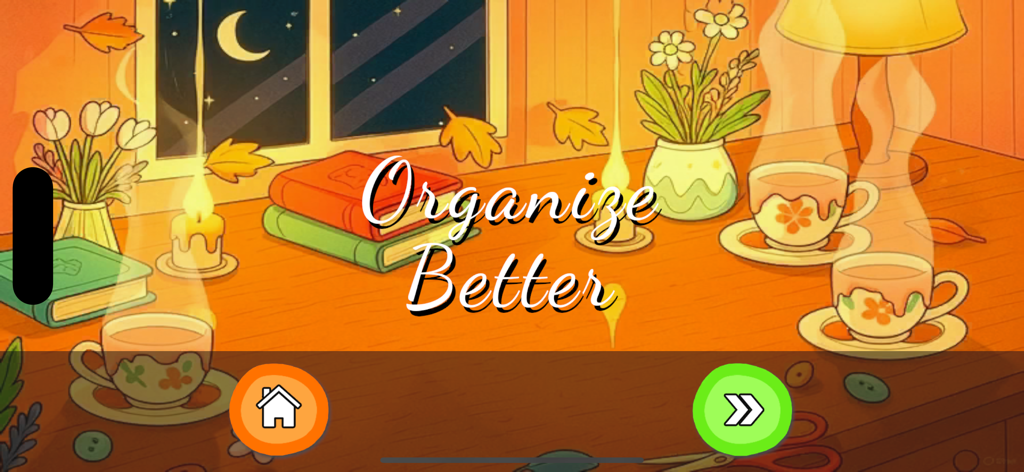 Pantalla de inicio acogedora de temática otoñal para la aplicación Juegos de Chicas Organiza Mejor con tazas de té y velas.