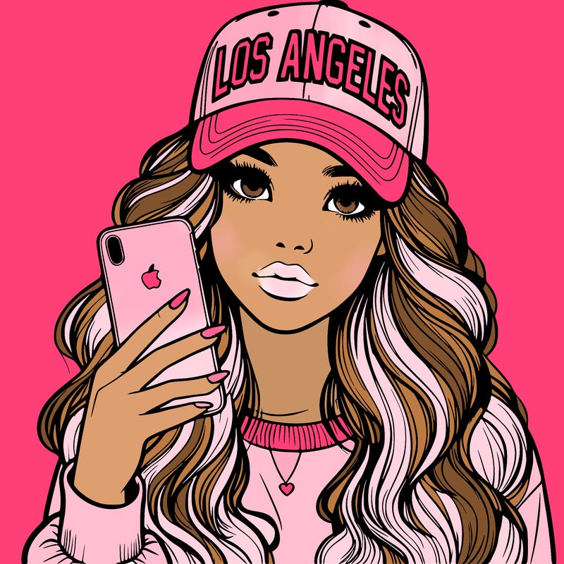 realistic beautiful girl wearing los ángeles cap holding an iphone