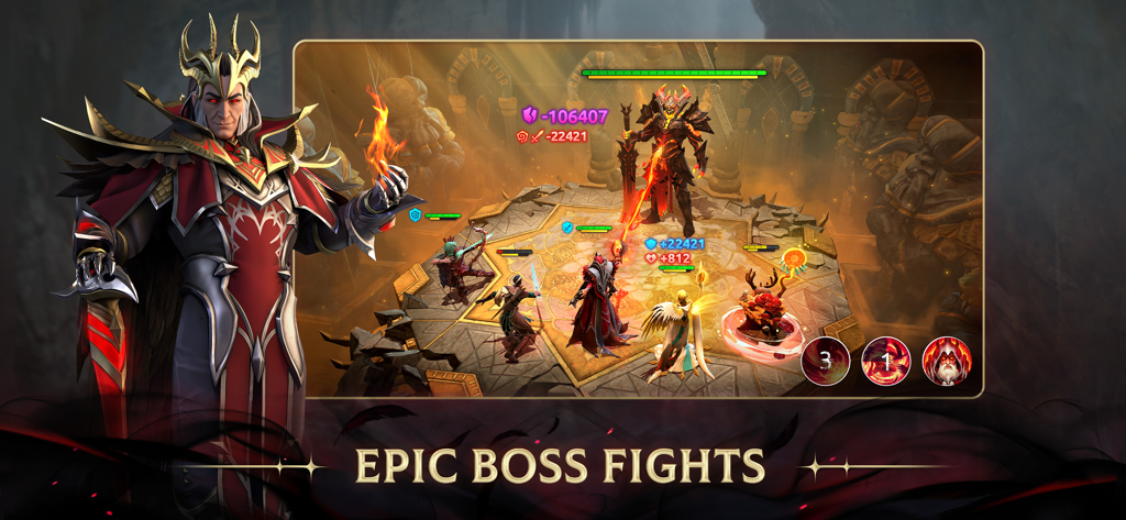 Battaglia tattica a turni contro un boss in Age of Magic con una squadra di eroi contro un gigante demoniaco.