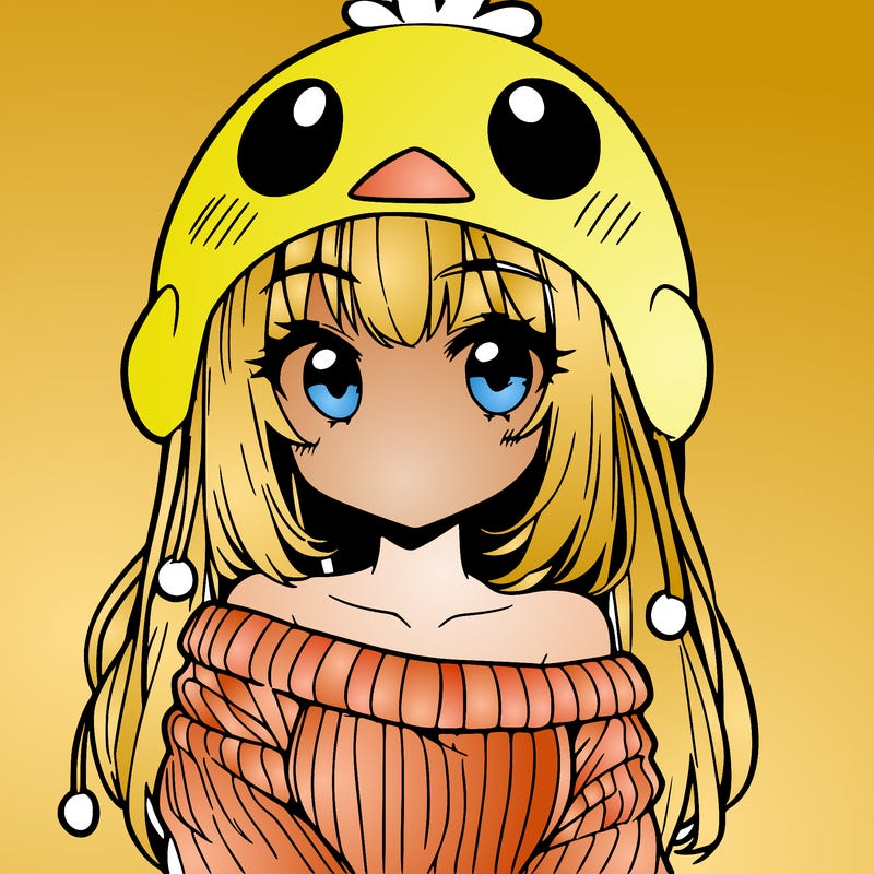 anime girl with chick shaped hat with sweater with bare shoulders with bangs covering them one eye with low tail