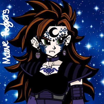 dbz punk female, beautiful, gothic armor, long hair with crescent moon tattoo on forehead