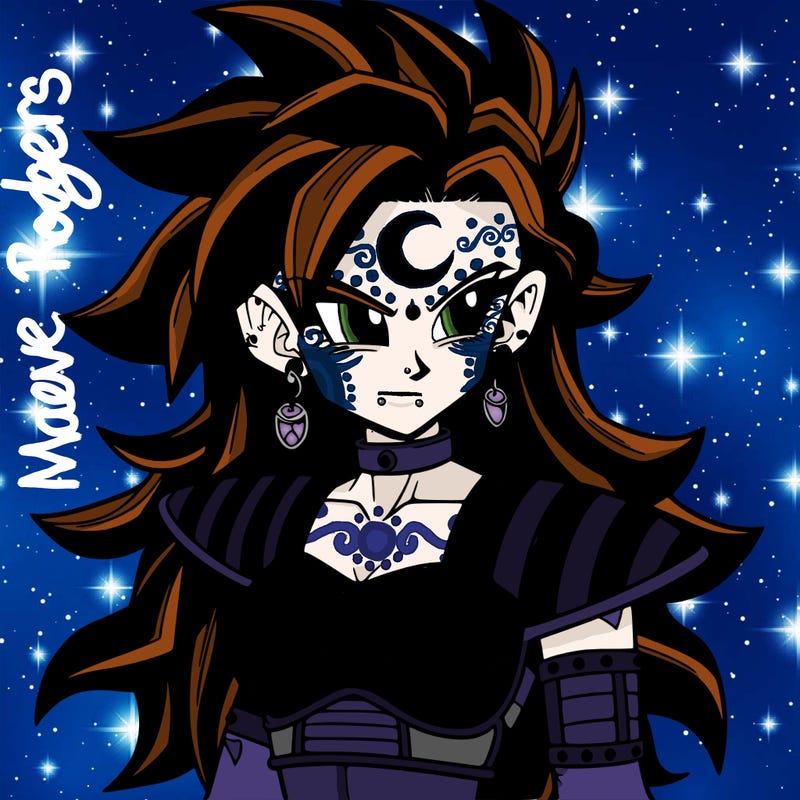 dbz punk female, beautiful, gothic armor, long hair with crescent moon tattoo on forehead