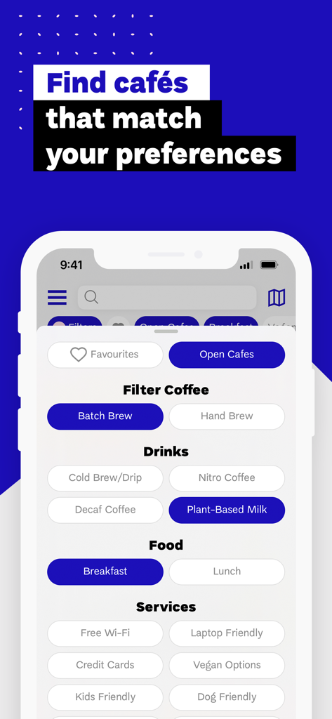 Search filters in the European Coffee Trip app for specialty coffee drinks food and services