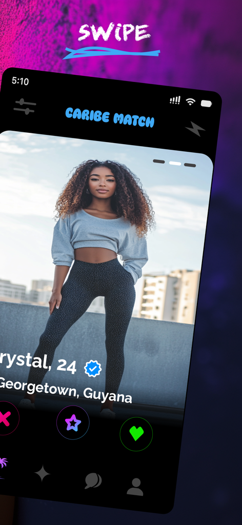 Caribe Match mobile app interface showing a verified user profile from Georgetown Guyana with swiping options