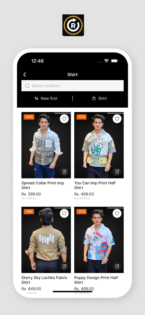 Reload Casual - Reload Casual mobile app interface showing a grid of contemporary printed shirts with prices and discount tags.