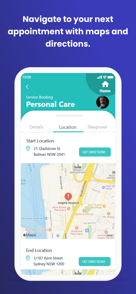 CareVision Plus mobile app screen showing service booking location with map and navigation directions