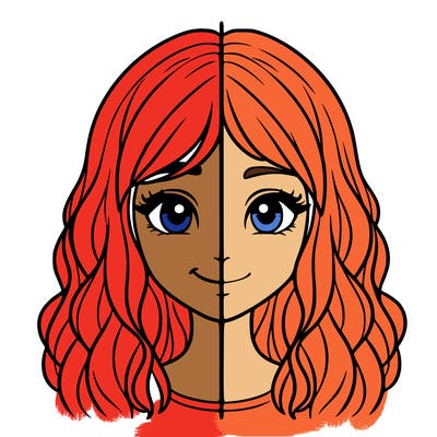 a line in a middle of a realistic girls face, one side smiling one not