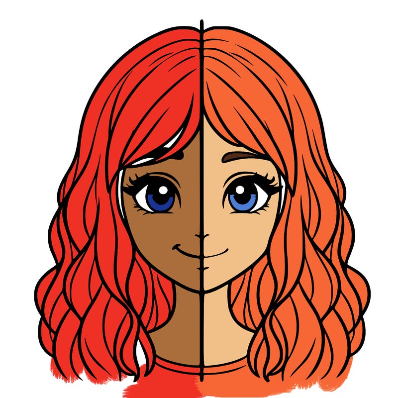 a line in a middle of a realistic girls face, one side smiling one not