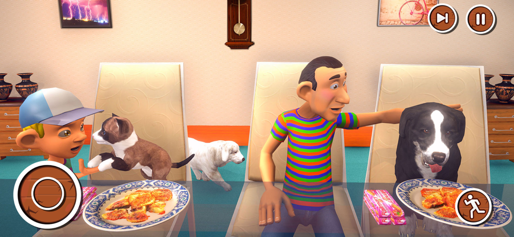 Virtual Pet-Animal Escape Game - Un garçon et un homme nourrissant et caressant un chaton et un chien dans une scène de jeu de simulation d'animaux de compagnie virtuels 3D