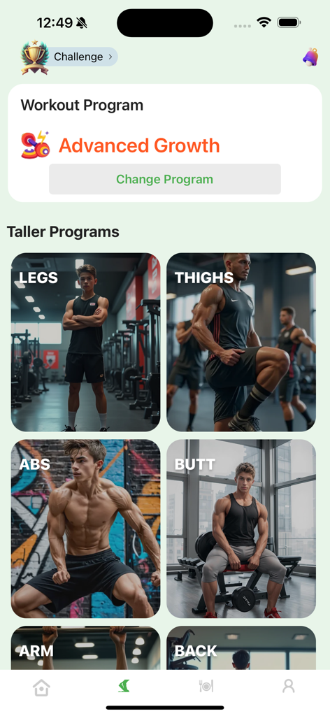 KidWorkout 360 Grow Faster - Tela exibindo programas de fitness para ficar mais alto para pernas, abdômen e braços no aplicativo KidWorkout 360