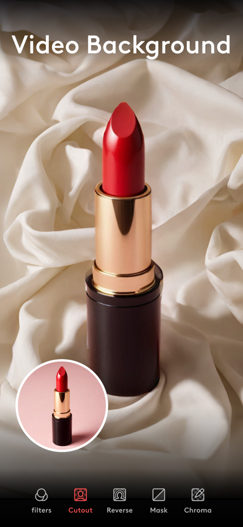 Interfaz de la aplicación Videoleap demostrando la herramienta de recorte de fondo de video utilizada en un producto de lápiz labial