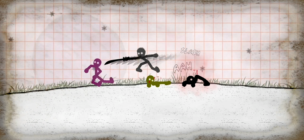 Ragdoll Fists - A black stickman warrior performing a sword slash mid-air during a physics-based combat sequence in Ragdoll Fists.