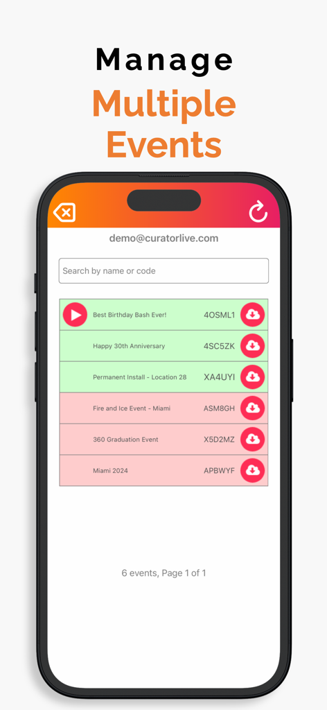 Curator Live mobile app interface showing a dashboard to manage multiple events like birthday parties and corporate activations.