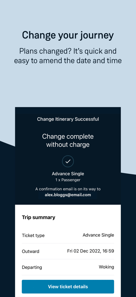 South Western Railway - Um ecrã móvel mostrando uma confirmação de alteração de viagem de comboio bem-sucedida na aplicação South Western Railway