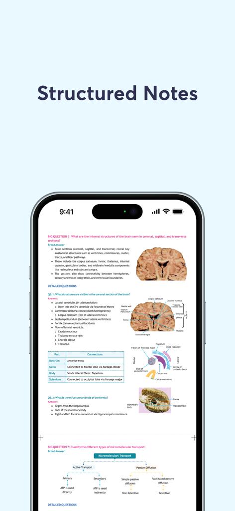 Detailed medical study notes on the PrepLadder app showing brain anatomy diagrams and transport flowcharts