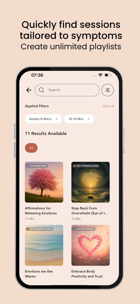 The Calm Gut: IBS Hypnotherapy - A mobile app screen showing filtered search results for IBS hypnotherapy and CBT audio sessions.