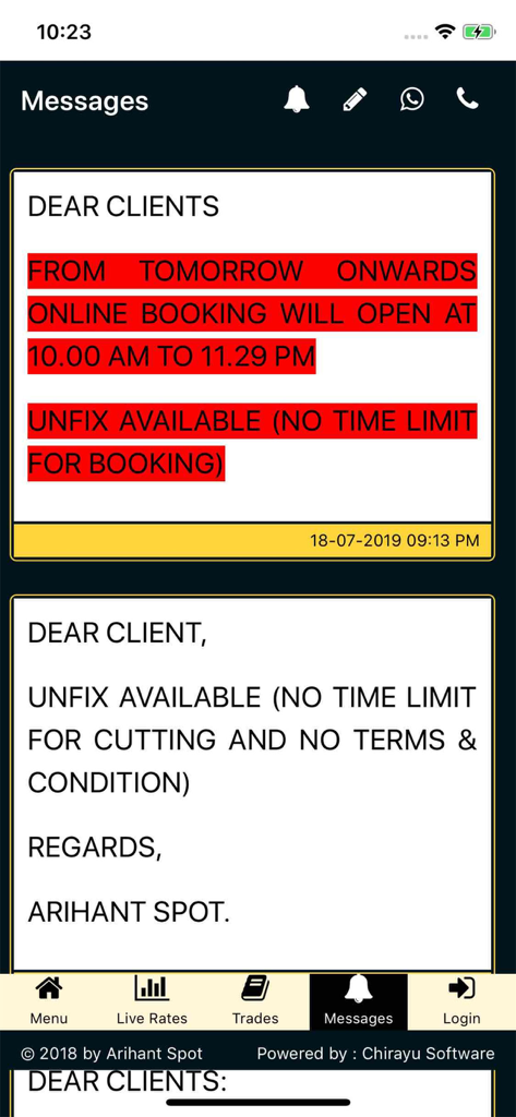 Arihant Spot - Arihant Spot app message screen showing client notifications for gold and silver trading and bookings