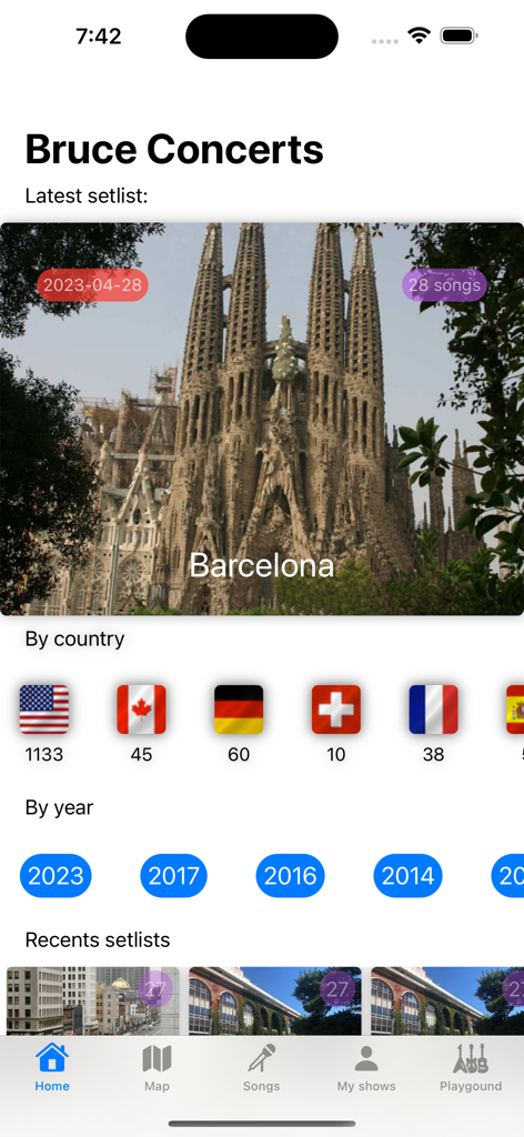 Home screen of the Bruce Concerts app featuring the latest setlist from Barcelona and concert stats by country and year