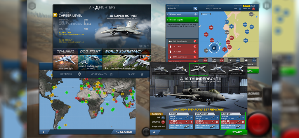 Schermate di gioco di AirFighters che mostrano la pianificazione delle missioni, la mappa del mondo e l'interfaccia di selezione degli aerei