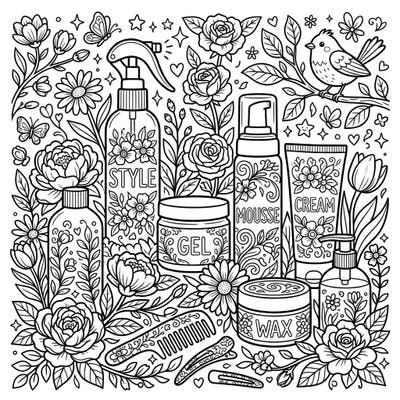 Celebrate the freshness of spring with this unique coloring page featuring essential haircare styling products amidst a lush garden. Perfect for those who love beauty and nature, this intricate design offers a relaxing and creative escape.