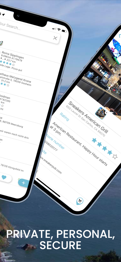 POI MAP - Your Private Places - Two iPhones displaying the POI MAP app interface with saved places and location details