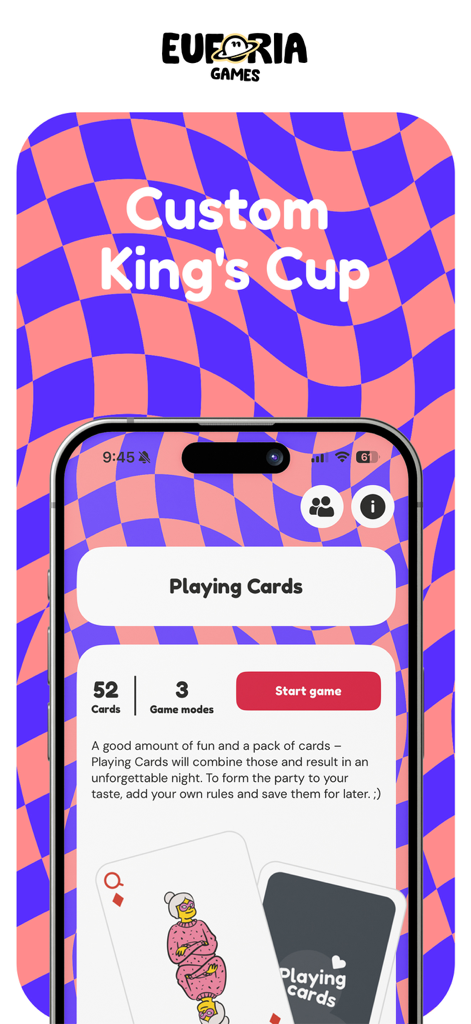 Eufória - The Party Game - Oberfläche der Euforia Partygame-App mit dem Custom Kings Cup und Spielkarten-Modus mit einem lebendigen wellenförmigen Hintergrund.