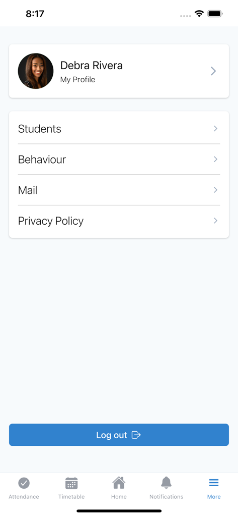 User profile and settings menu in the VSware school management app