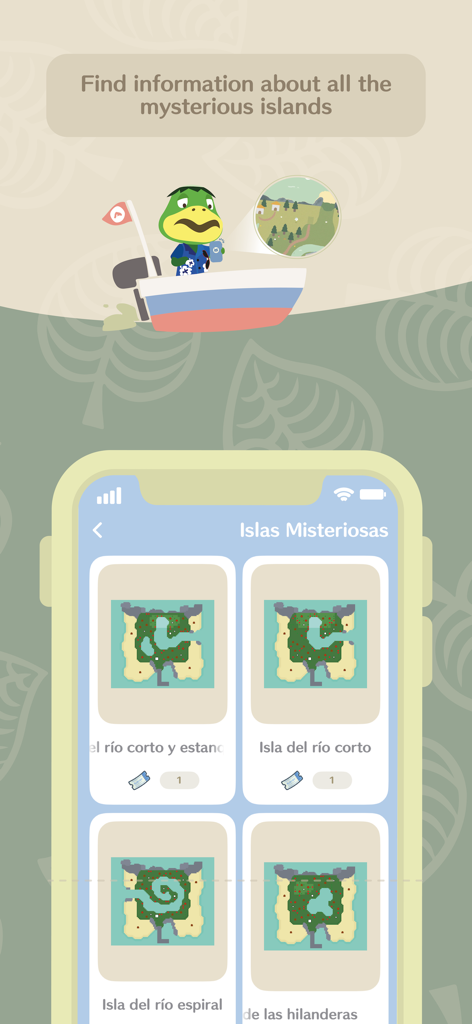 iNook - Interface of the iNook app showing layouts and details of mysterious islands in Animal Crossing.