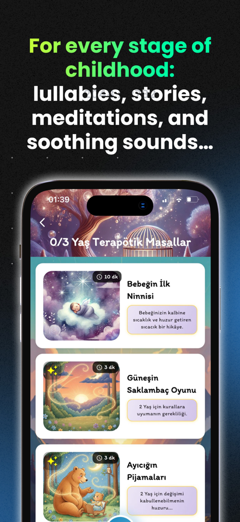 Kids Sleep & Healing Tales - Interfaz de la aplicación móvil Kids Sleep and Healing Tales que muestra cuentos terapéuticos y canciones de cuna para niños de 0 a 3 años.