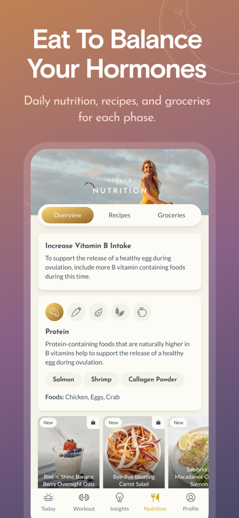 Hormone balancing nutrition and recipe recommendations in the 28 Cycle Tracker app.
