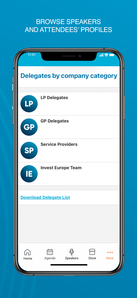 Invest Europe Events - Invest Europe Events App-Bildschirm, der Teilnehmerprofile anzeigt, kategorisiert nach Unternehmenstyp wie LP, GP und Dienstleister.