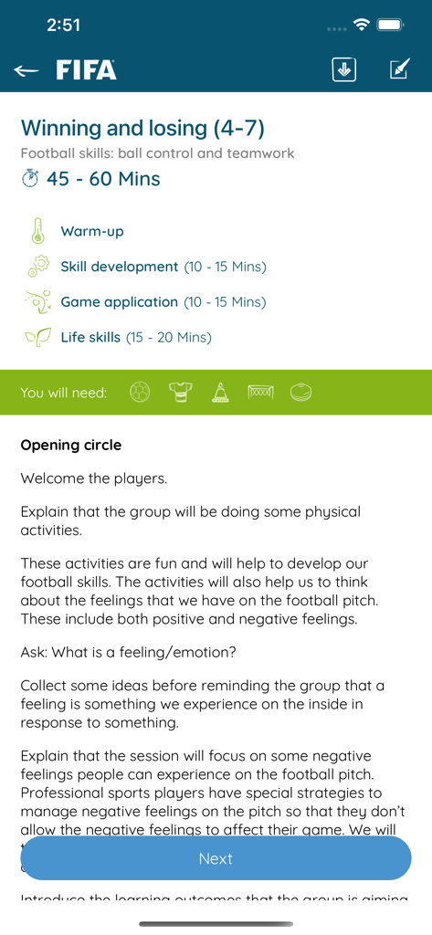 FIFA Football for Schools - FIFA Football for Schools app screen showing a lesson plan on winning and losing for children aged 4 to 7