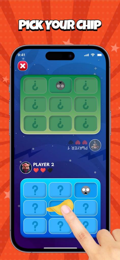 Gameplay screen of Bomb Chip Boom Boom Challenge showing two players selecting snacks from a grid interface