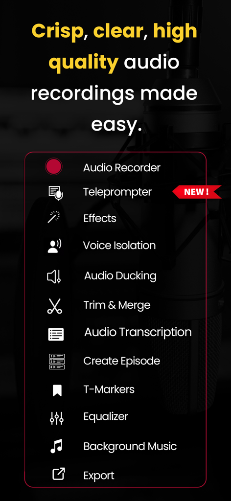 AudiOn: Voice Recorder & Memos - Une liste de fonctionnalités professionnelles d'enregistrement et d'édition audio dans l'application AudiOn, y compris le téléprompt audio, l'isolation vocale et la transcription.