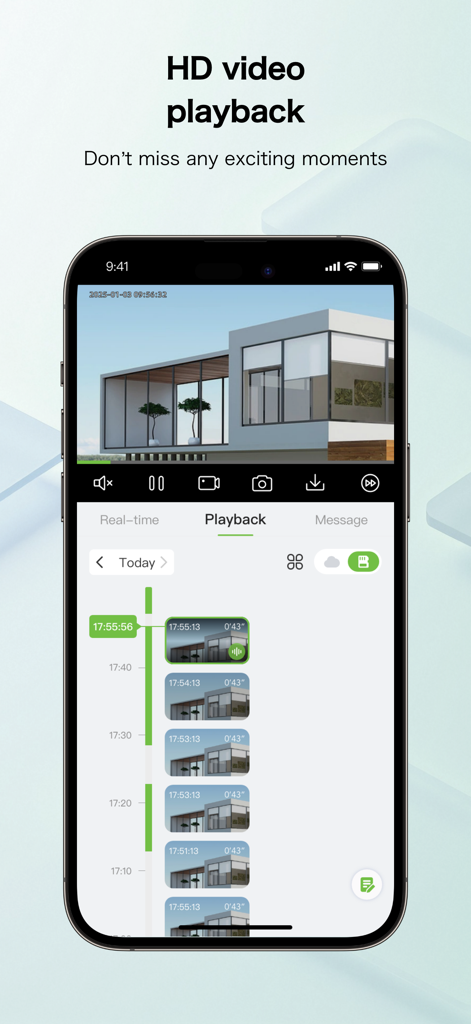 AiCAM: AI Powered IP Camera - AiCAM app screen showing HD video playback with a vertical timeline of recorded security events.