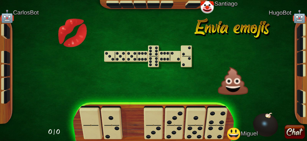 Dominó en Español - Gameplay de Domino en Espanol montrant une partie avec des emojis interactifs et des options de chat
