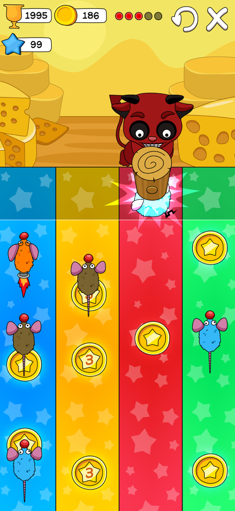 Talking Juan - Troll Juan - Version diable rouge de Juan le chat jouant à un mini-jeu rythmique pour attraper des souris et des pièces