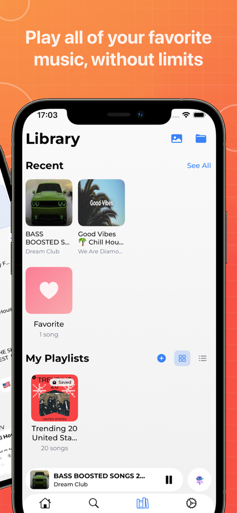 Music – Simple Music Stream - iPhone上の最近のトラック、お気に入りの曲、カスタムプレイリストを表示するMusicアプリのライブラリインターフェースのスクリーンショット