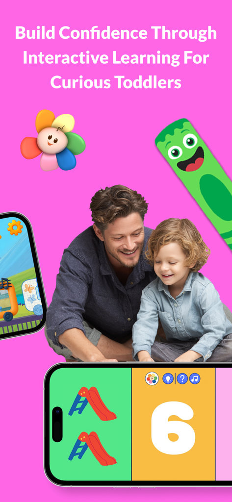 First | Fun Learning for Kids - Un padre y un hijo usando la aplicación de aprendizaje divertido First para jugar juntos juegos educativos en un smartphone.