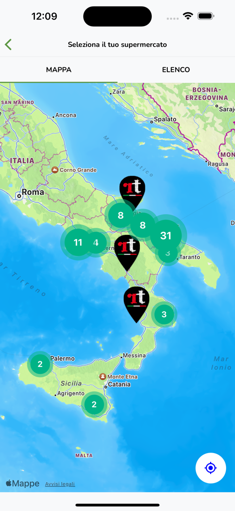 Una mappa dell'Italia all'interno dell'app Speasy che mostra varie posizioni di supermercati e gruppi di negozi.