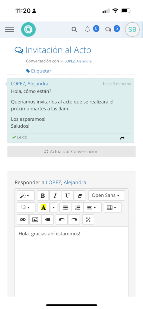 Acadeu - Acadeu mobile app showing a school message invitation and a rich text editor for parent communication