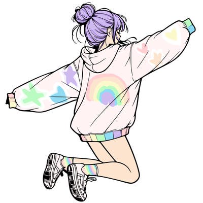 realistic girl jumping with a bun and oversized sweatshirt